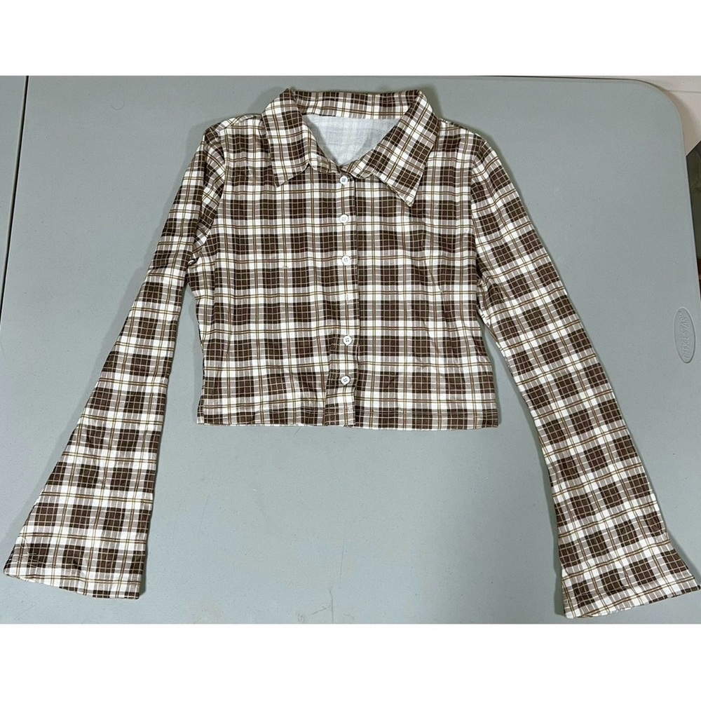 Brown Plaid Checkered Collared Button-Down Long S… - image 2